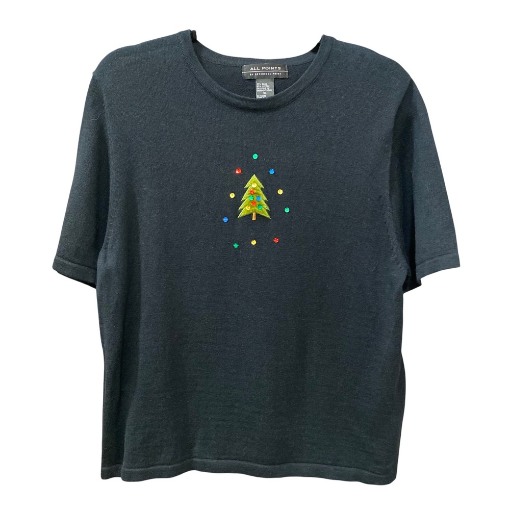 All Points Black Short Sleeve Christmas Tree Sequin Sweater Top XL Holiday Party